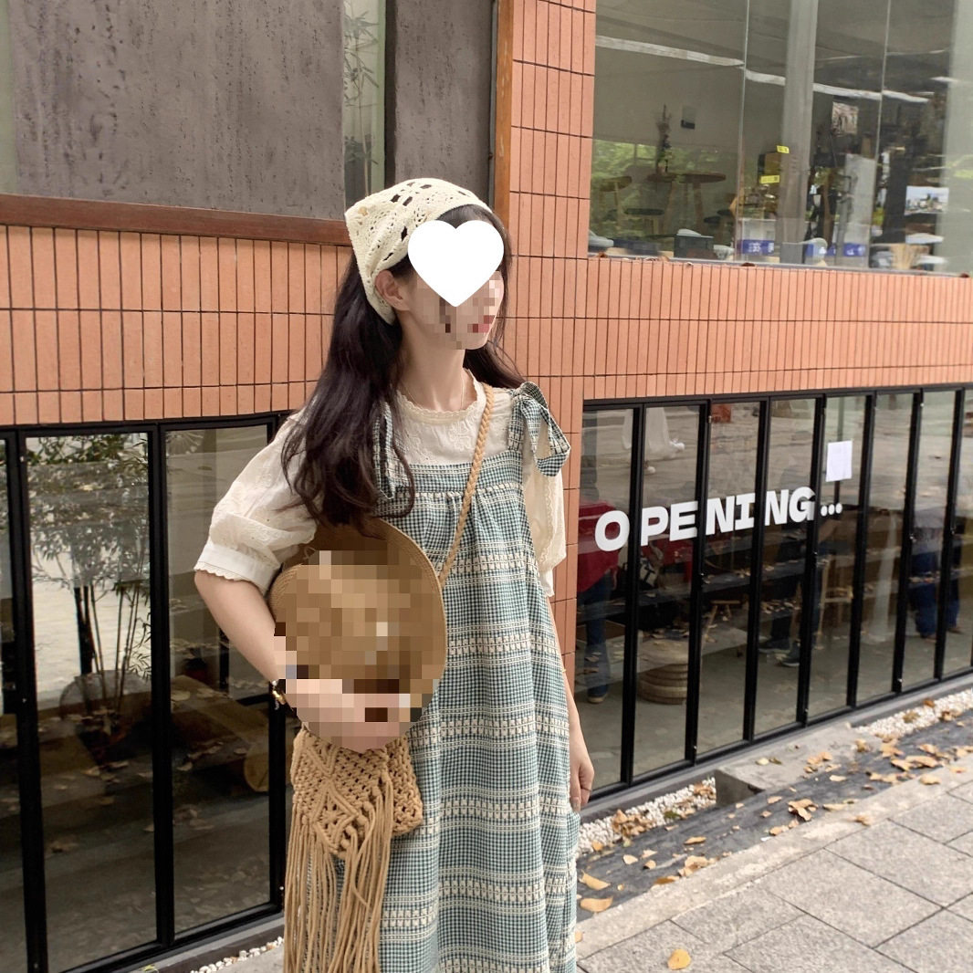法式甜美森系叠穿吊带连衣裙女两件套夏季蕾丝短袖打底衬衫裙