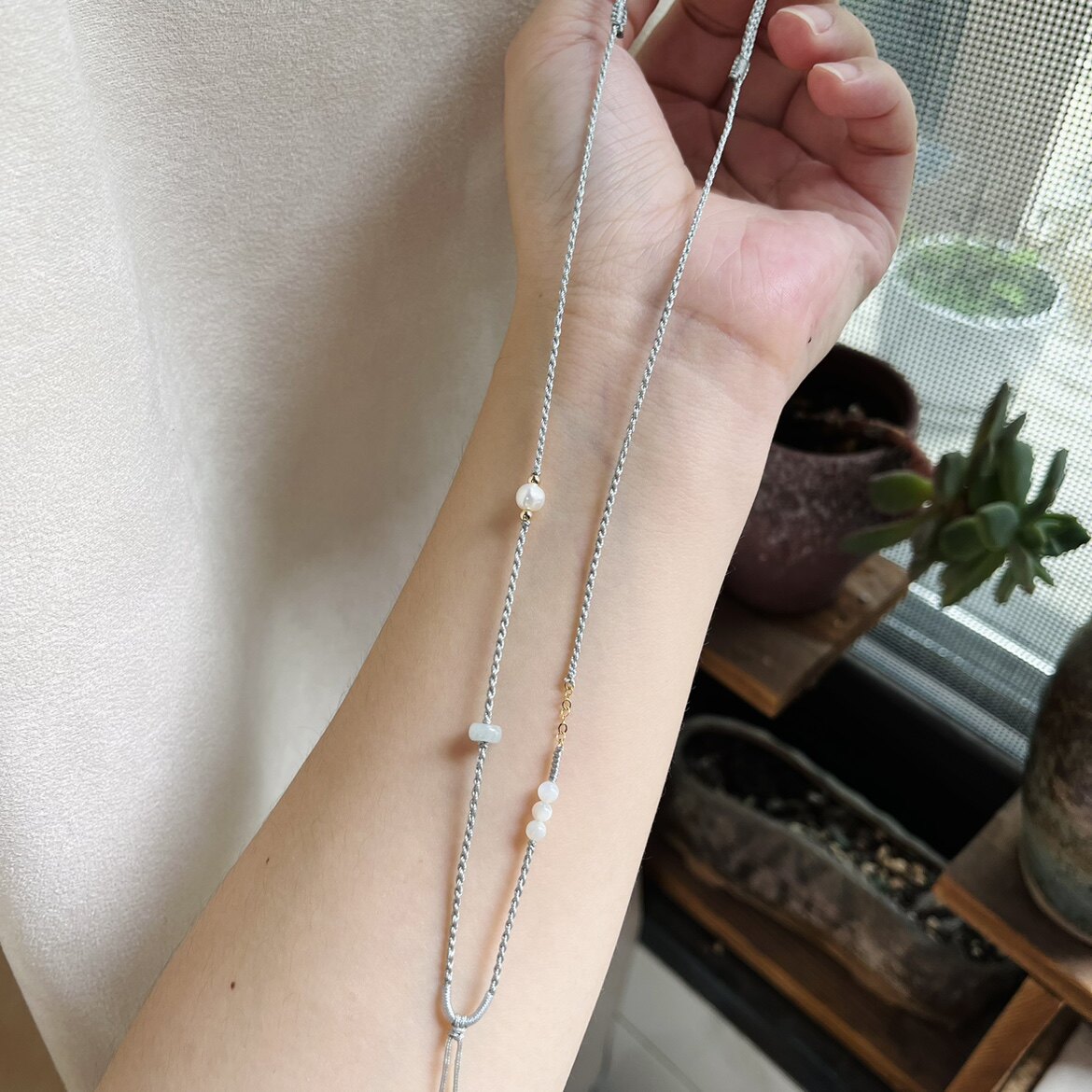 高级银灰色手工编织女项链绳锁骨链细精致百搭可挂翡翠玉黄金吊坠