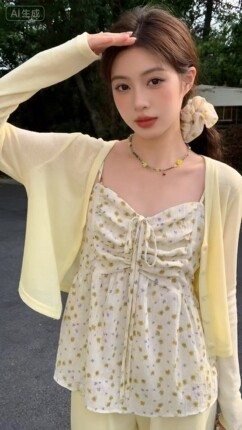 不规则2026设计夏季显瘦收腰绑带新款百搭宽松碎花两件套上衣严
