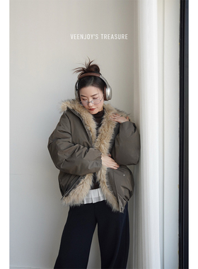 VEENJOY 圆嘟嘟 保暖环保皮草大毛领派克羽绒服551208