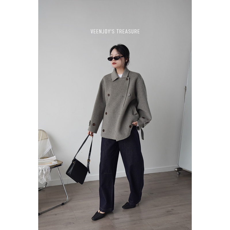 VEENJOY春秋短款翻领双排扣大衣