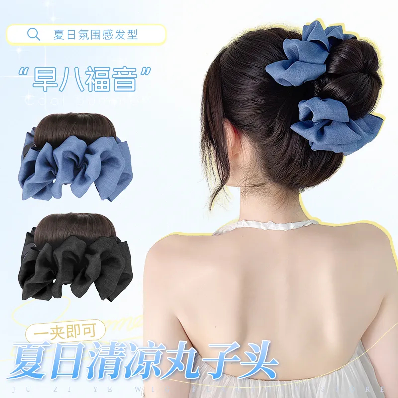 高版本丸子夹抓夹增发量假发女款花苞丸子头蓝色蝴蝶结高扎百搭