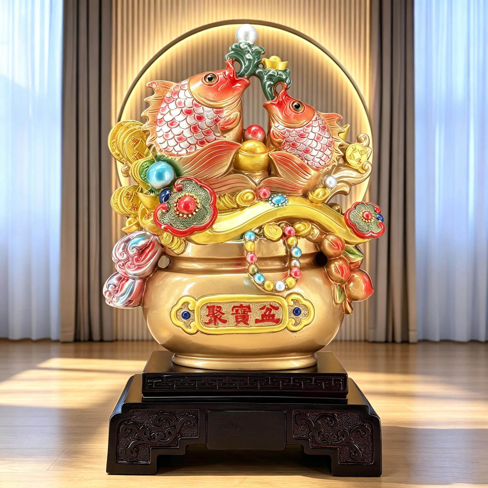 彩金双鱼聚宝盆摆件年年有余工艺品开业乔迁前台客厅招财树脂摆设