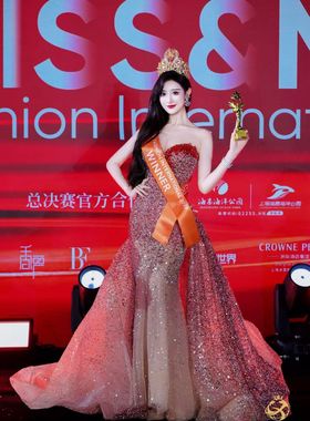 出租一字肩红色礼服欧美透视渐变珠片鱼尾大拖尾婚礼宴会派对礼服