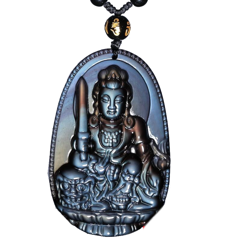 蓝眼冰种黑曜石本命佛文殊菩萨生肖属兔守护神吊坠本命年礼物饰品