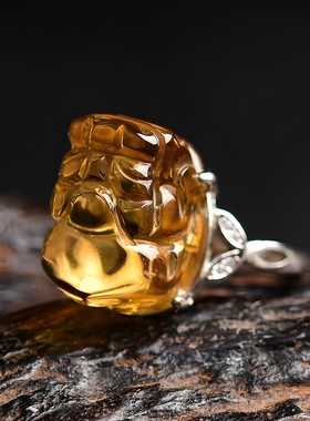 黄水晶貔貅戒指活口可调食指戒子