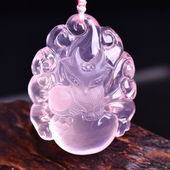 可定制天然粉晶狐狸吊坠双面雕刻粉水晶原石九尾狐项链男女士礼物