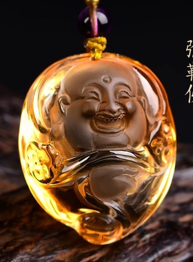 天然橘黄水晶弥勒佛吊坠大肚笑佛女项链佛公本命年玉坠礼物饰品