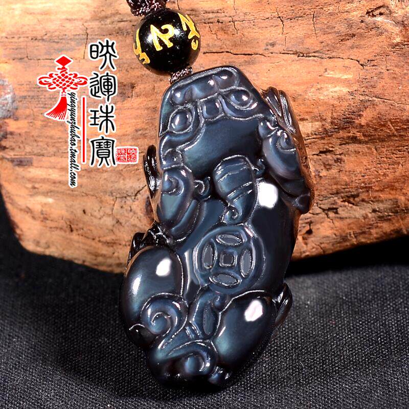 映运珠宝天然黑曜石蓝眼貔貅项坠男女款节日礼物水晶饰品吊坠HG6