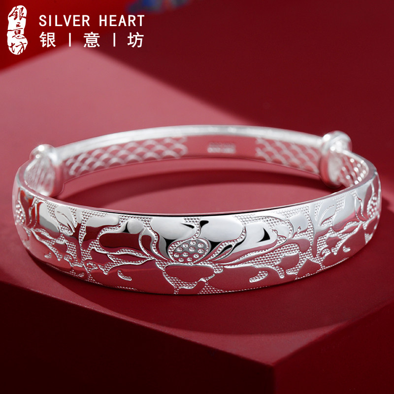 银镯子妈妈款9999纯银首饰中老年人送奶奶长辈实心推拉足银手镯