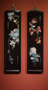 大红酸枝底板螺钿镶嵌花鸟对屏工艺礼挂屏画彩贝装饰画框红木复古