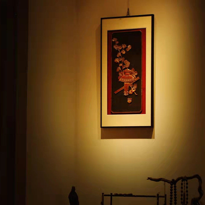 老花木板雕刻博古图挂屏茶室客厅书房中式装饰画红木复古家居饰品