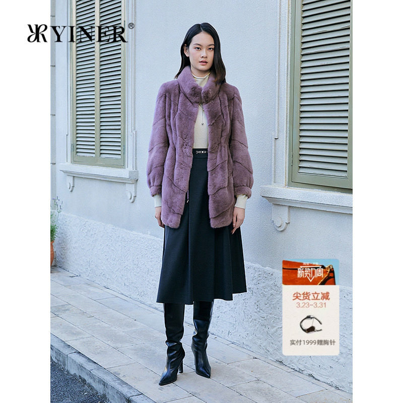 YINER音儿专选2025冬季新款进口优雅长款立领整貂母貂水貂毛