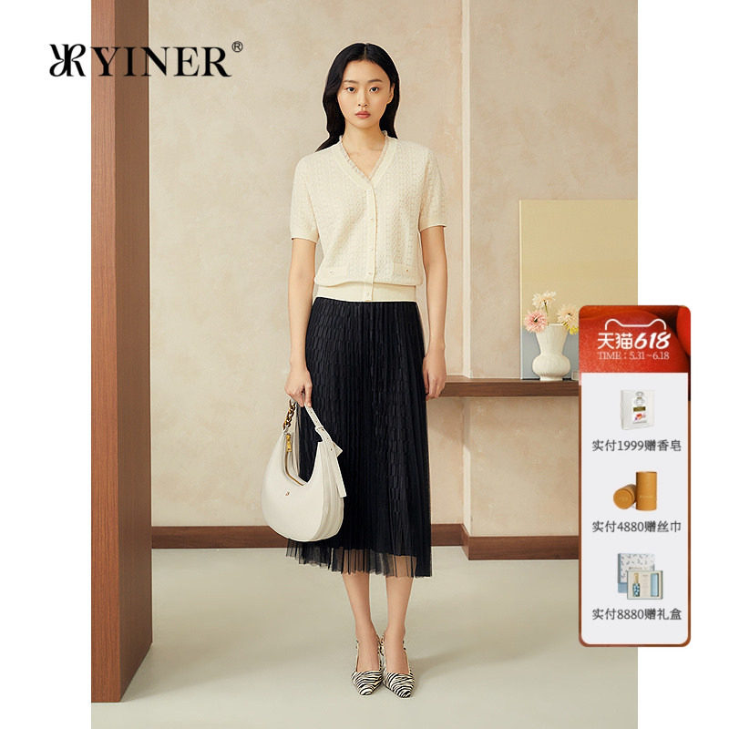 YINER音儿专选女装夏季莱赛尔天丝羊毛混纺时尚提花针织衫
