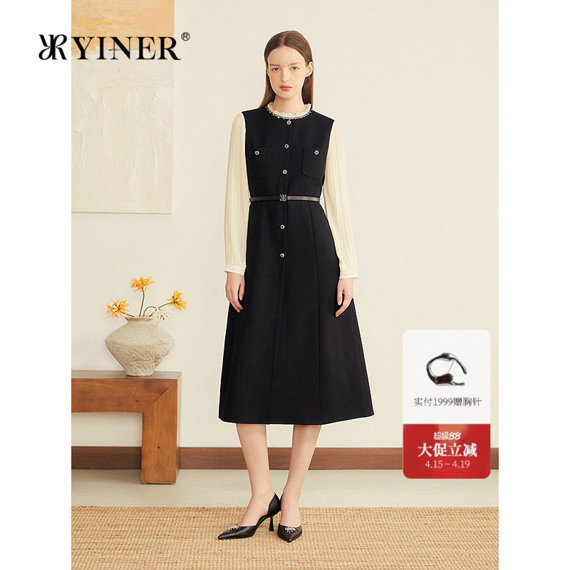 YINER音儿专选女装冬季羊毛混纺拼接雪纺袖钉珠撞色连衣裙