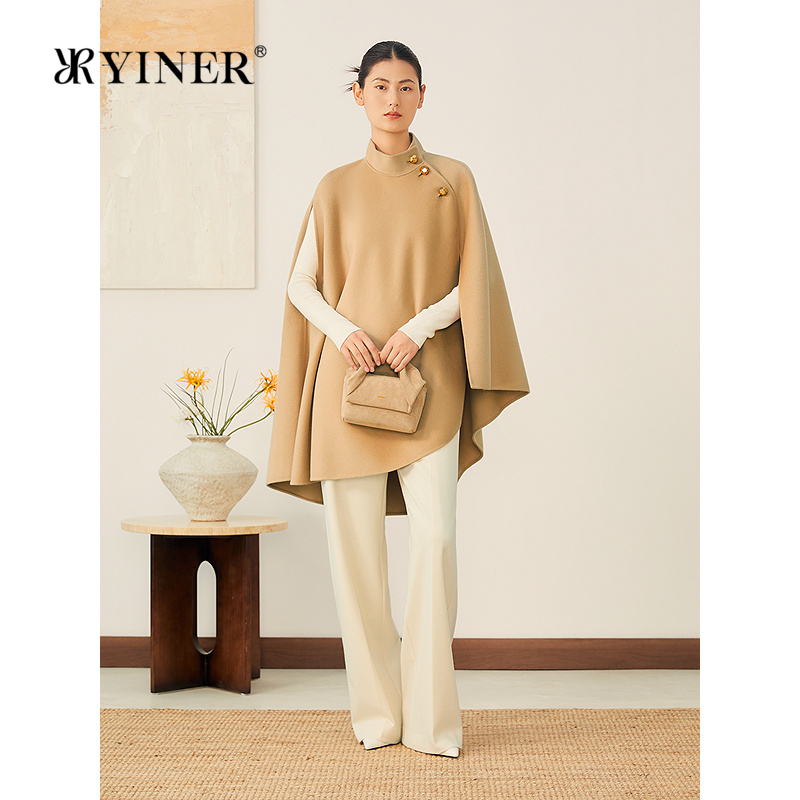 YINER音儿2025秋季新款法式立体裁剪羊毛羊绒混纺斗篷式外套