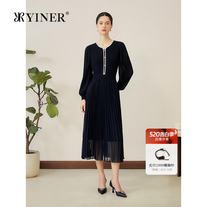 YINER音儿女装秋季法式优雅针织拼接雪纺百褶假两件连衣裙
