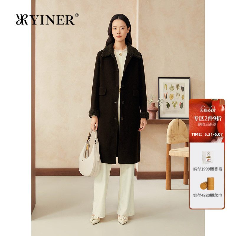 YINER音儿专选女装春季中长款颗粒绒翻领纯羊毛呢大衣外套