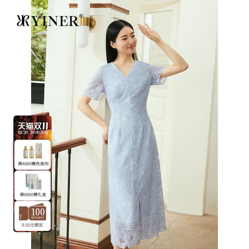 YINER音儿专选女装夏季法式V领蝶恋花蕾丝花边微收腰连衣裙