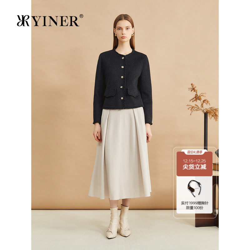 YINER音儿专选冬季小香风短款毛边羊毛双面呢外套