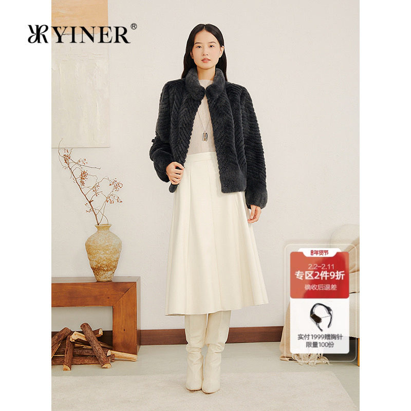 YINER音儿专选2025冬季新款短款波纹立领整貂母貂水貂毛皮草