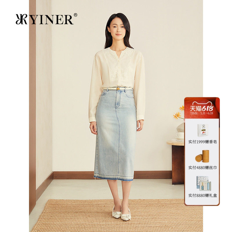 YINER音儿专选女装秋季优雅牡丹花纹蕾丝刺绣醋酸混纺半开领衬衫