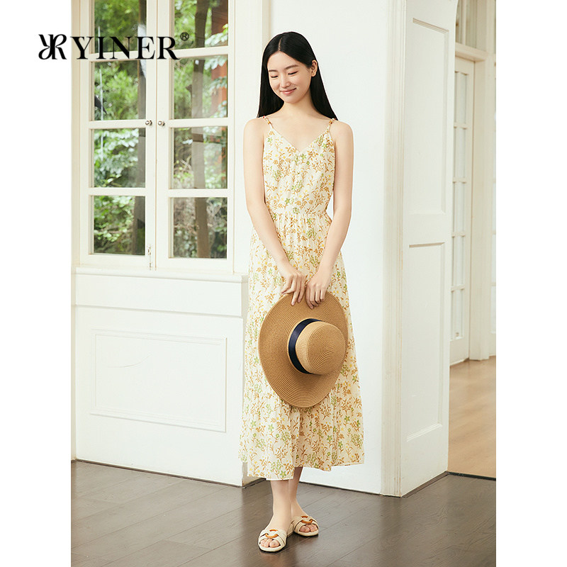 YINER音儿专选女装秋季波西米亚风吊带双层蛋糕裙透气连衣裙