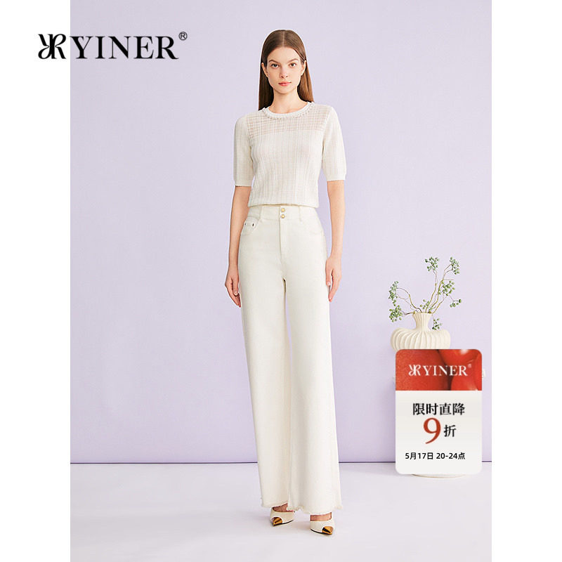 YINER音儿专选2026夏季新款钉珠装饰圆领小香风提花肌理针织