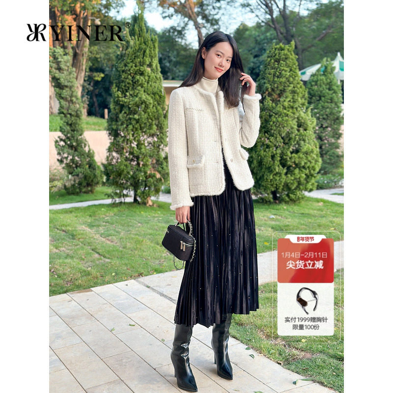 YINER音儿专选冬季小香风水貂毛边圆领亮丝粗花呢羽绒