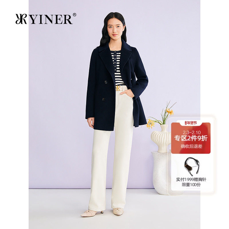 YINER音儿专选2026春季新款法式翻领阿拉善山羊绒双面呢大衣