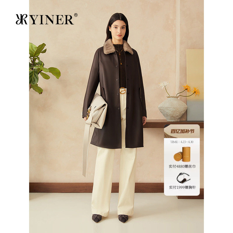 YINER音儿专选女装春季中长款水貂毛领绵羊真皮皮衣夹克外套