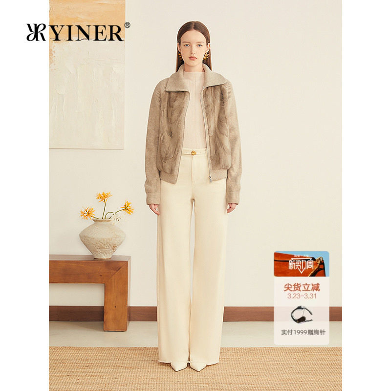 YINER音儿专选2025秋季新款复古母貂毛皮拼接羊毛袖短款皮草