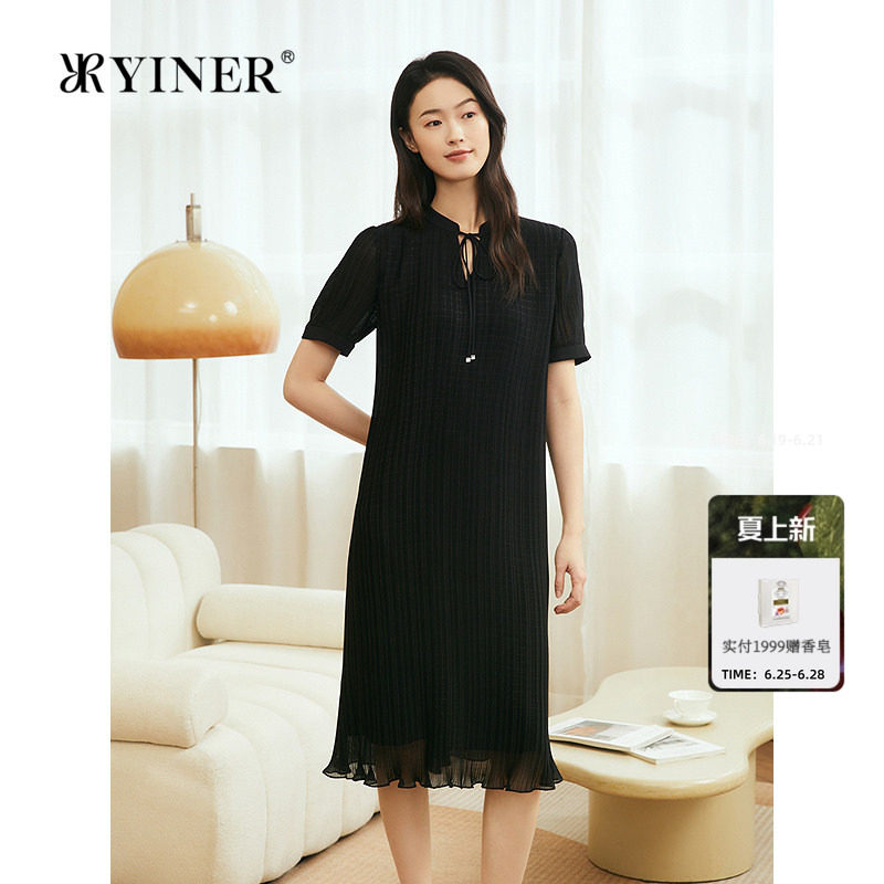 YINER音儿专选女装夏季新中式系带半开领艺术皱褶显瘦连衣裙