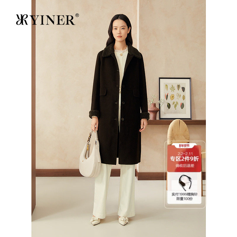 YINER音儿专选2025春季新款中长款颗粒绒翻领纯羊毛呢大衣外