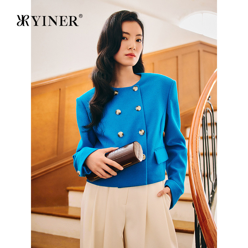 【1996系列】YINER音儿2026春季新款时尚复古双排扣短款圆领外套,女装/女士精品,短外套,淘宝优惠券,粉丝福利购,淘宝优惠卷