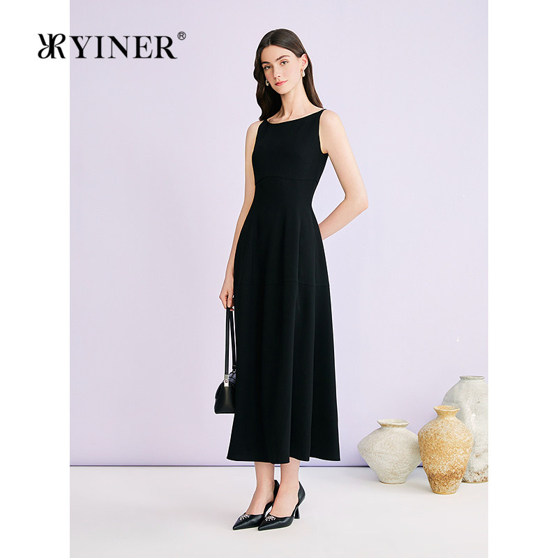 YINER音儿专选2026夏季新款法式优雅一字领醋酸混纺收腰连衣裙