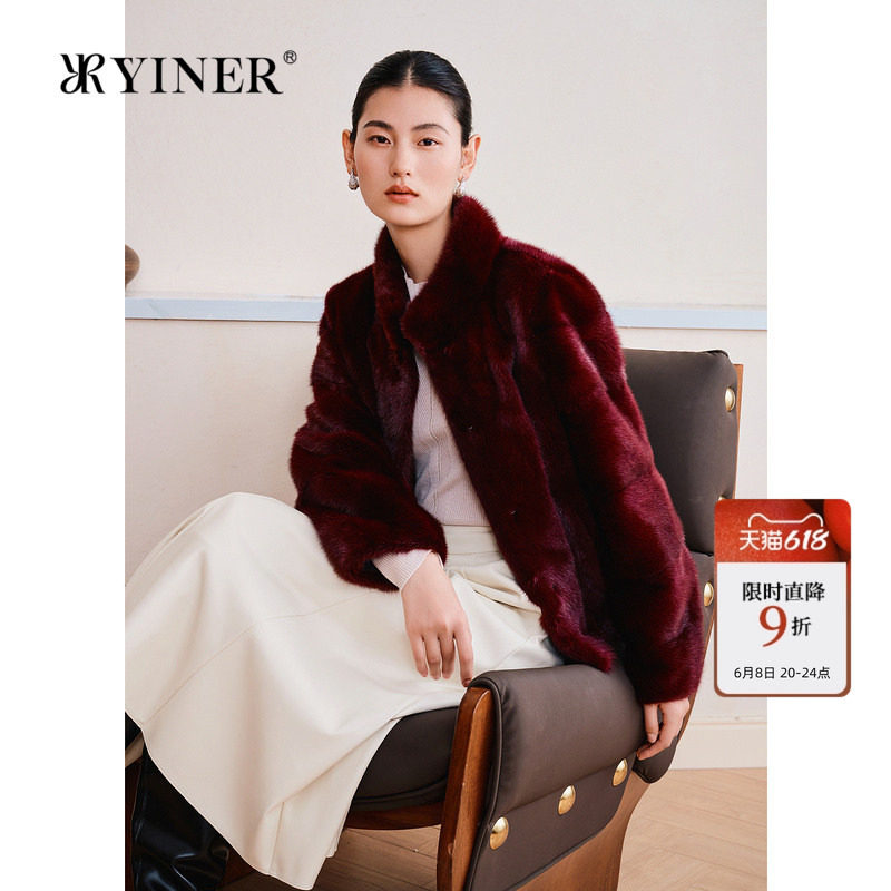 YINER音儿专选女装春季安可拉红中式立领整貂水貂毛皮草外套