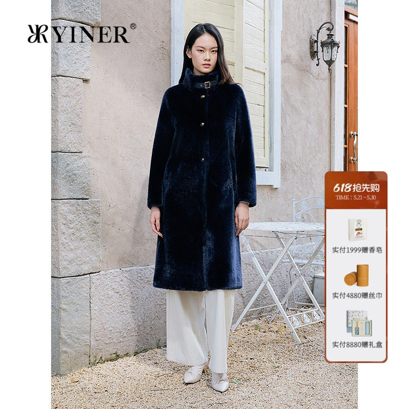 YINER音儿专选女装冬季法式奢感立领长款H型环保皮草大衣外套
