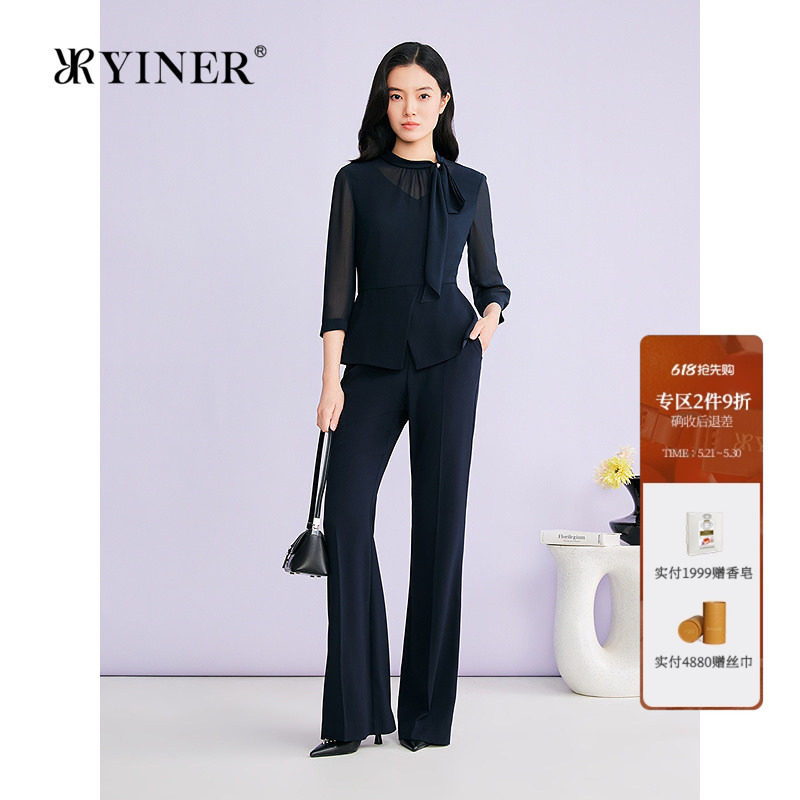 YINER音儿专选2026夏季新款优雅通勤系带圆领醋酸混纺衬衫上衣女