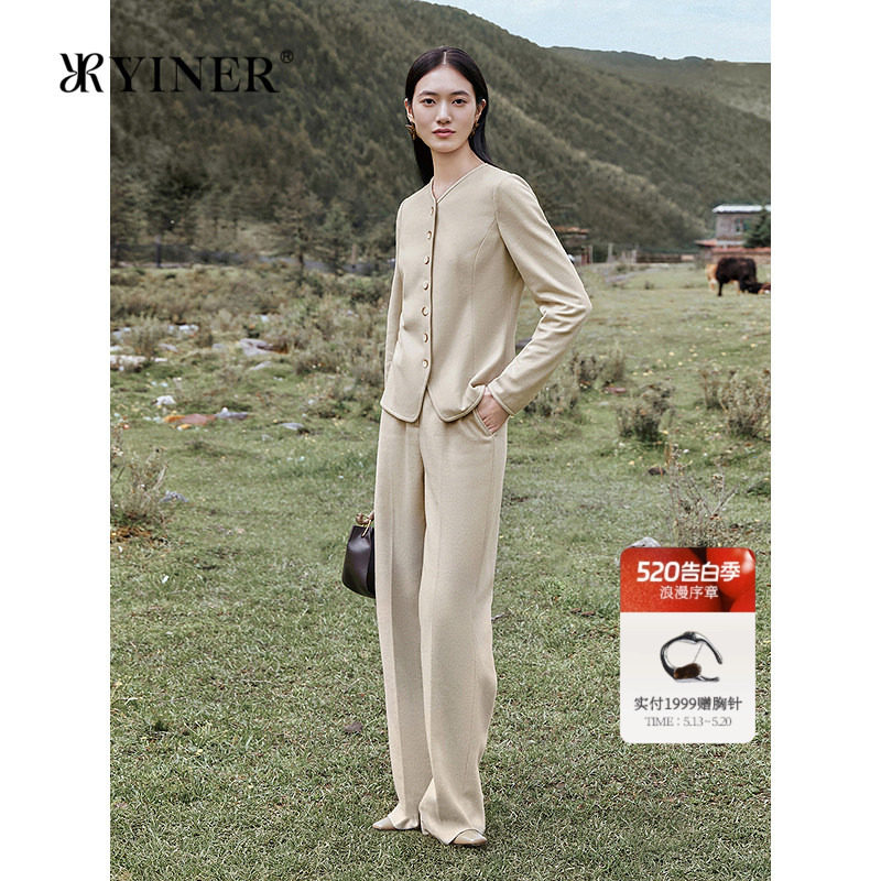 YINER音儿女装冬季法式舒简羊毛羊绒混纺V领直排扣短款外套