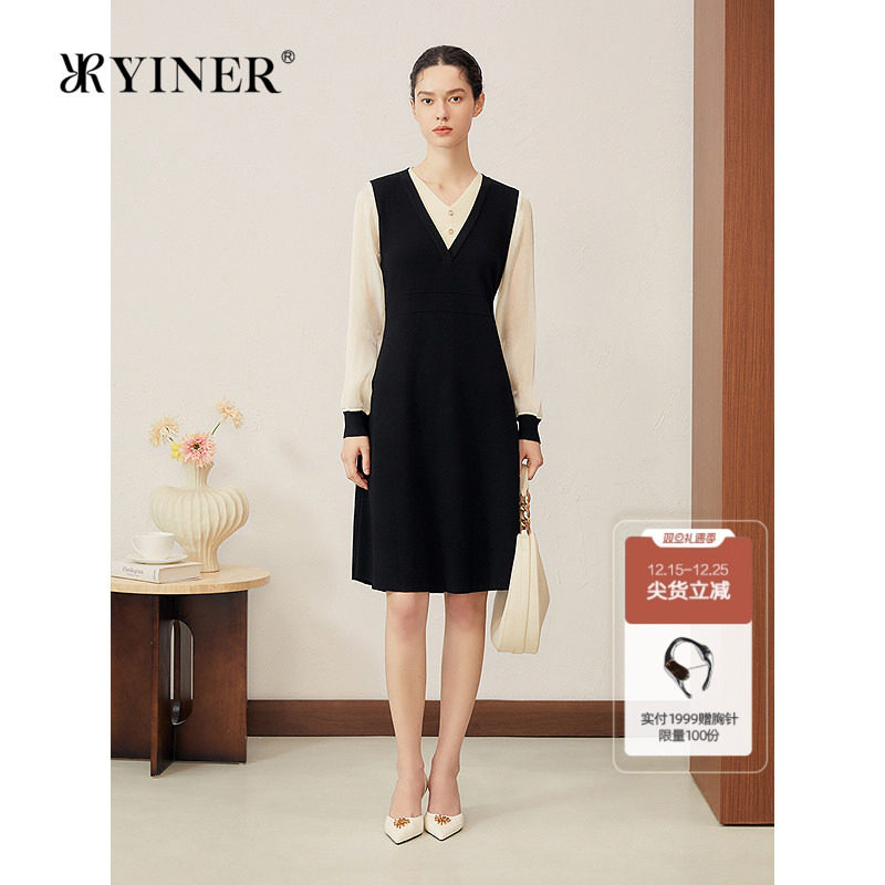 YINER音儿专选2025秋季新款轻甜风收腰A摆显瘦泡泡袖假两件