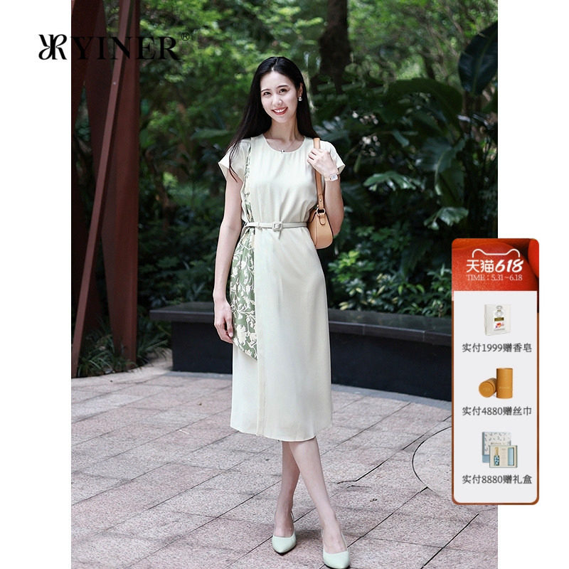 YINER音儿女装夏季优雅醋酸混纺拼接斜纹绸丝巾气质连衣裙