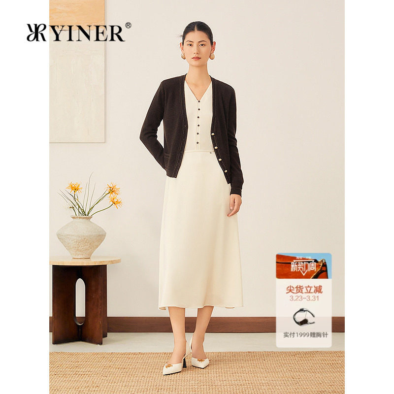 YINER音儿2025秋季新款法式柔软双色纺织山羊绒保暖显瘦针织