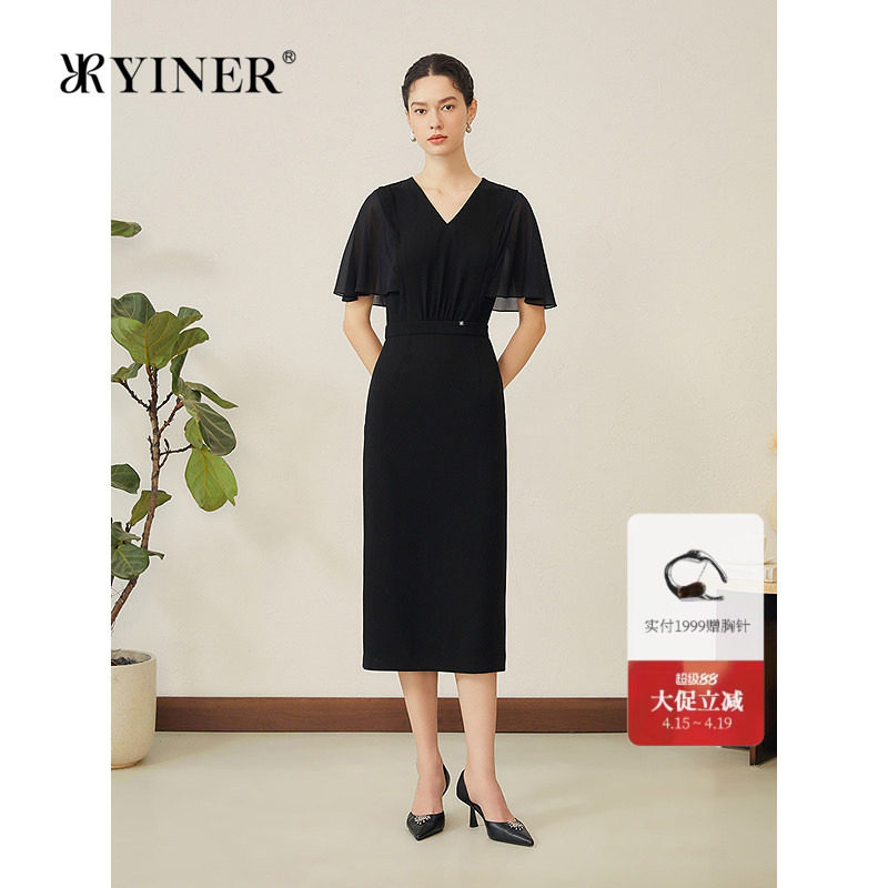 YINER音儿女装秋季优雅小黑裙醋酸混纺雪纺荷叶袖收腰连衣裙