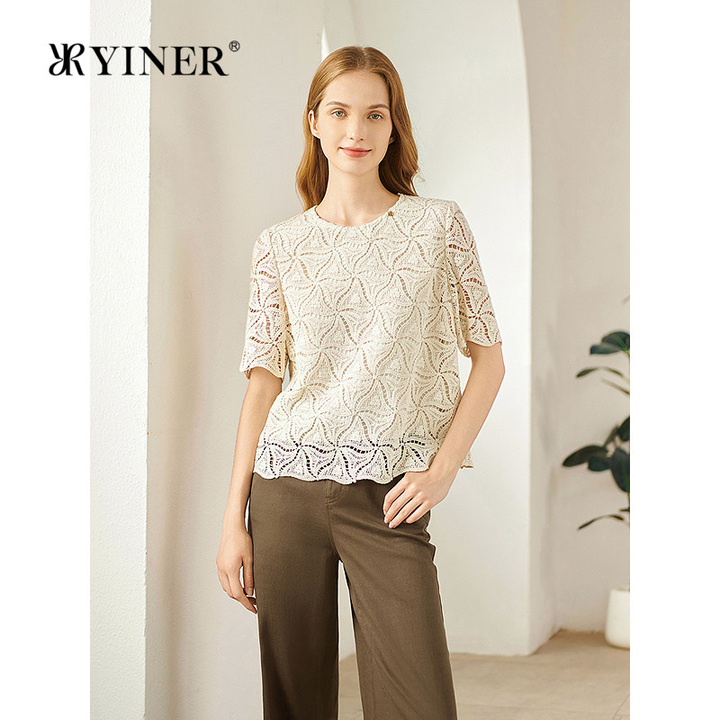 YINER音儿女装夏季法式复古绳袖镂空绣花衬衫透气轻上衣
