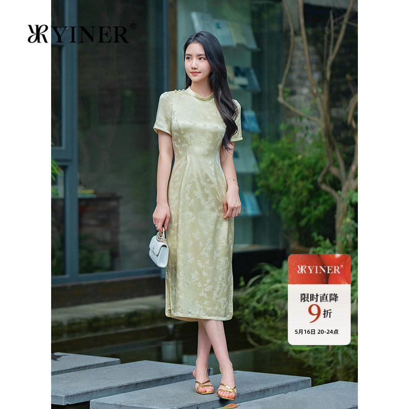 YINER音儿女装夏季新中式弹力桑蚕丝混纺波点提花立领连衣裙