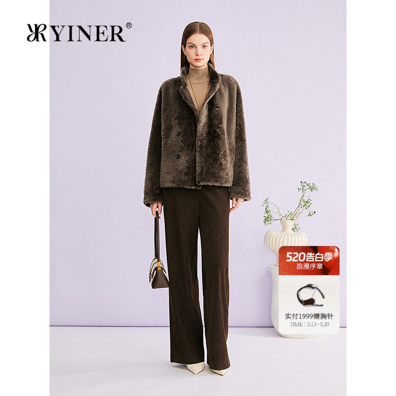 YINER音儿专选2026春季新款立领双排扣羊皮毛一体皮草外套