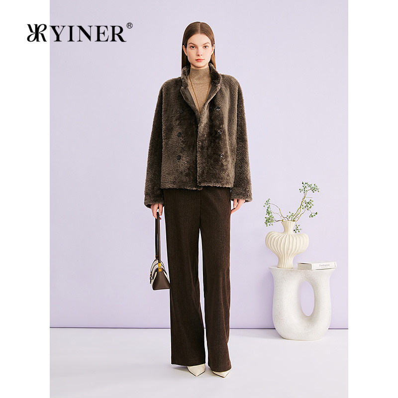 YINER音儿专选2026春季新款立领双排扣羊皮毛一体皮草外套