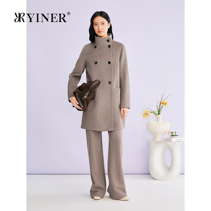 YINER音儿专选2026春季新款法式高领羊毛羊绒混纺双面呢大衣