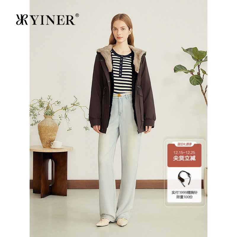 YINER音儿专选女装冬季时尚一手长保暖水貂毛帽里连帽派克服皮草